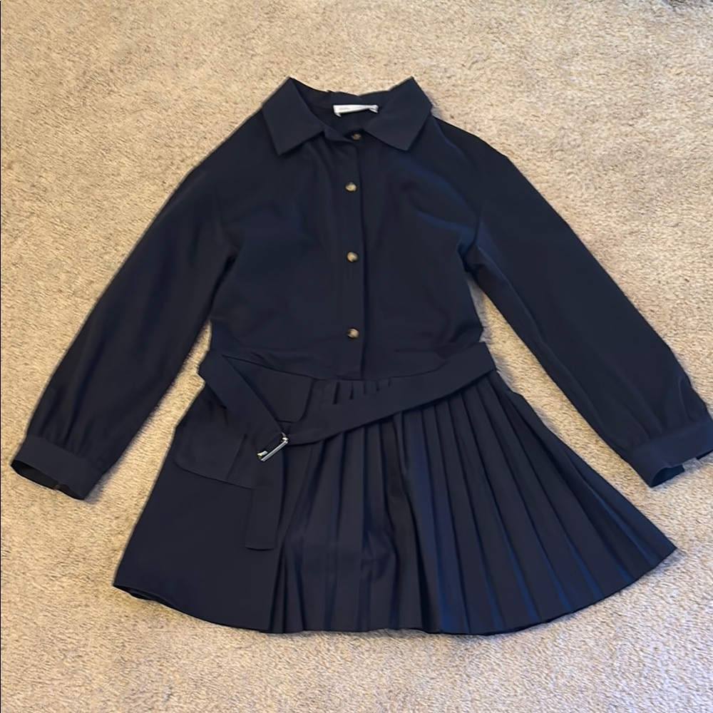 Navy Pleated Dress with Belt